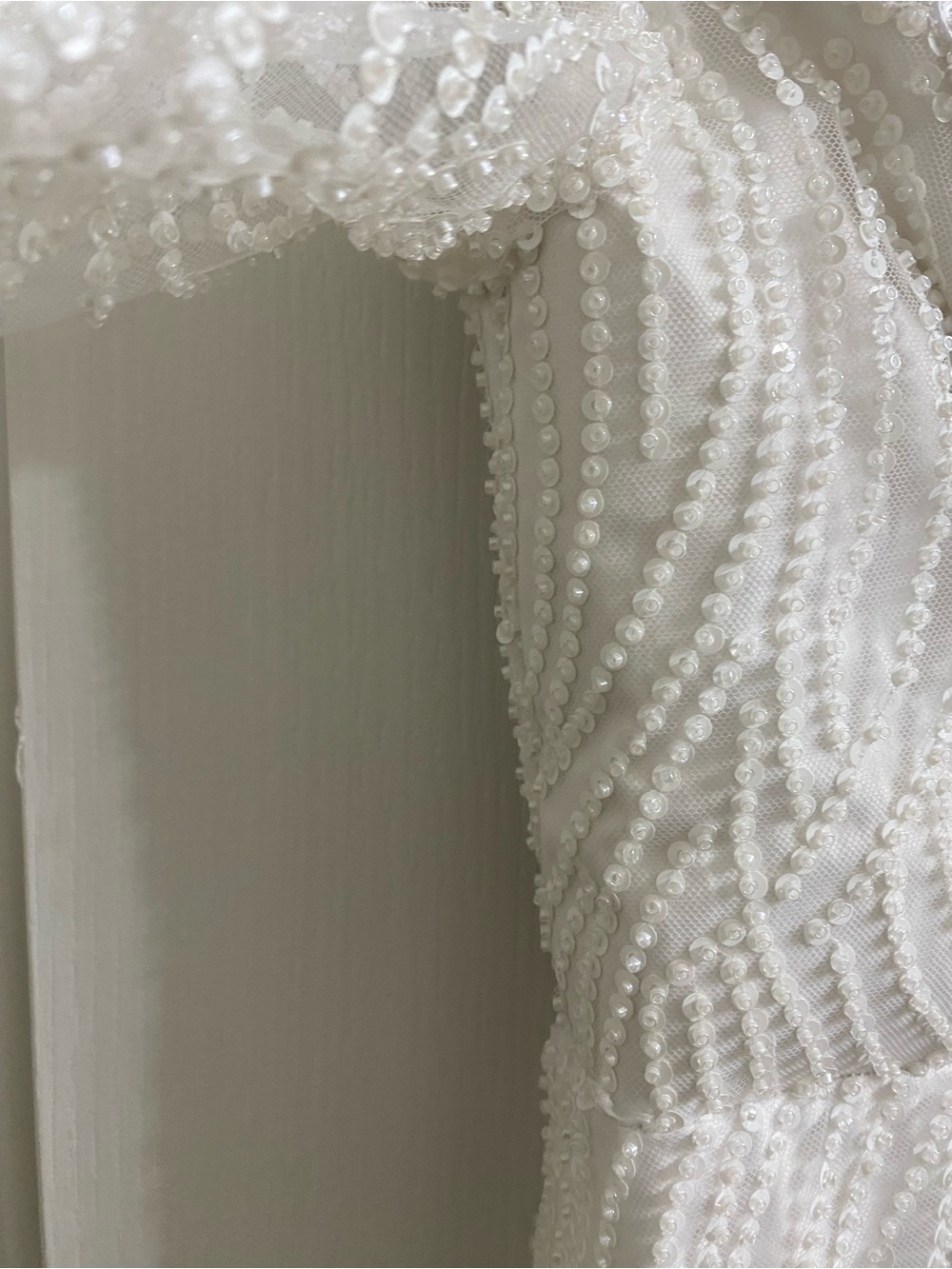 Vintage Elegant White Swirl Sequin Beaded Midi Formal Dress Long Sheer Sleeves M - Picture 13 of 16